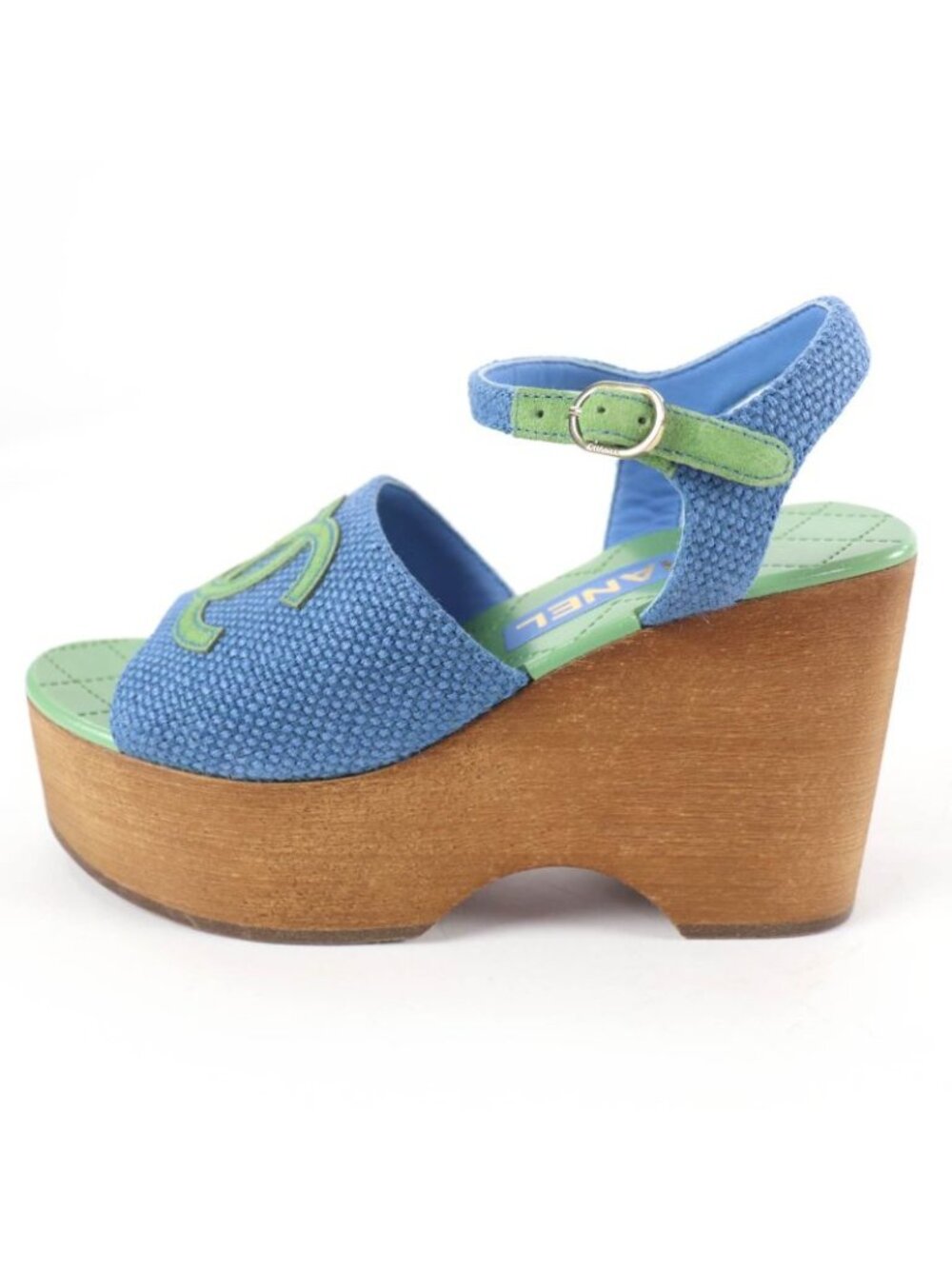 Chanel CC Logo Ankle Strap Wedge Sole Sandals Blue Green 35 - Picture 4 of 11